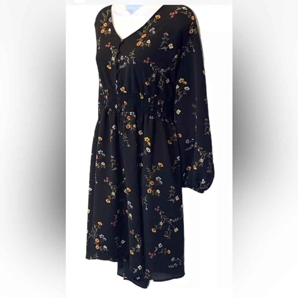 Always Indigo Floral Boho Dress 2X Black Smocked Waist Button Front Fall Midi - Picture 4 of 9